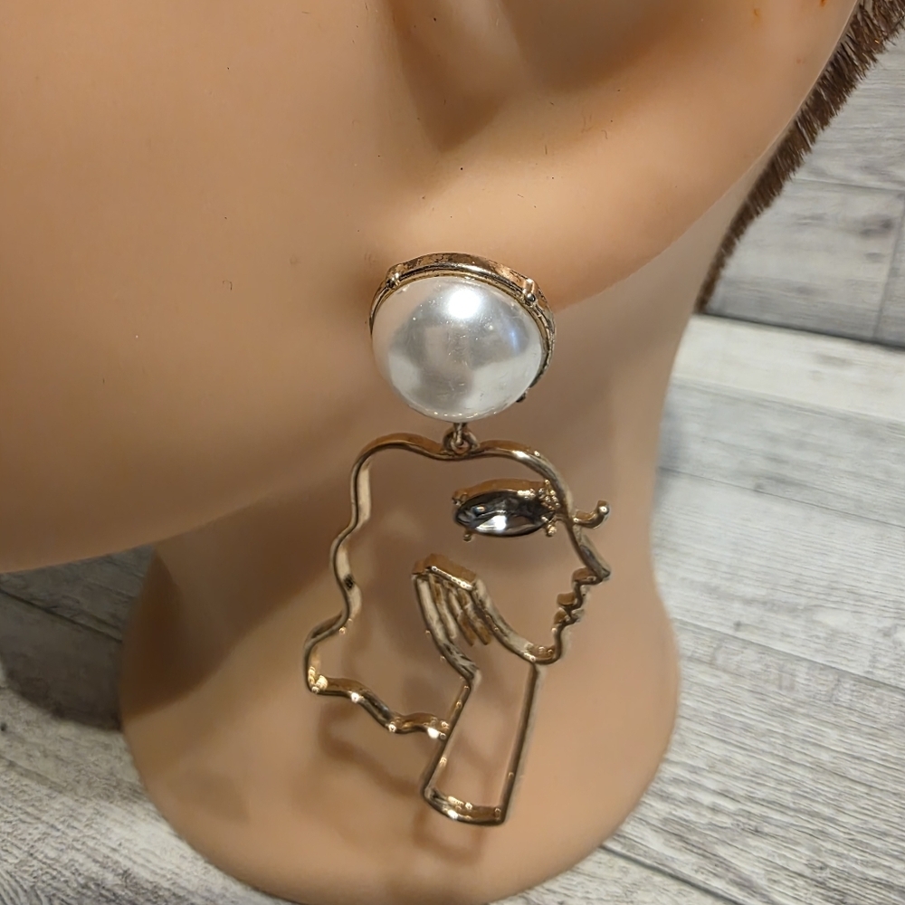 Gold Abstract Face Drop Earrings with Pearl Top